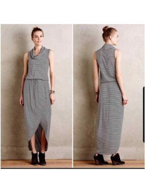 Anthropologie Dolan Black White Striped Knit Hi Lo Cowl Neck Maxi Dress
